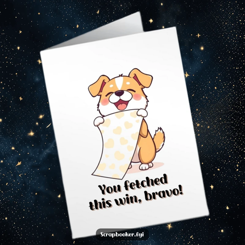 Funny Free Printable Congrats Card: A truly joyful dog unfurls patterned paper with a flourish, celebrating achievements with enthusiasm.
