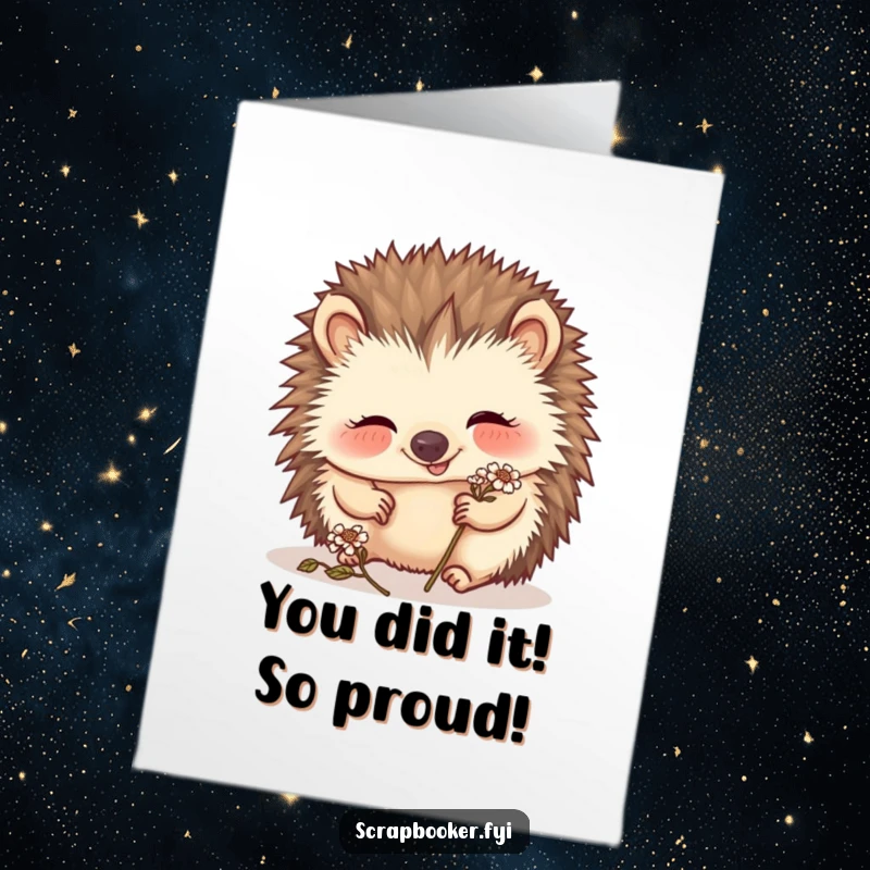 Funny Free Printable Congratulations Card: A giggling hedgehog delicately places a tiny dried flower, celebrating big news.