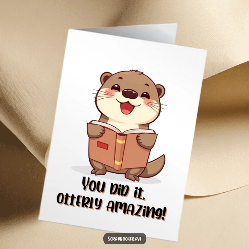 Funny Free Printable Congrats Card: Delighted otter beams with pride holding open a scrapbook, celebrating success.