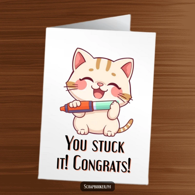 Free Printable Congratulations Card: A happy cat enthusiastically applies glue with a glue stick, celebrating an achievement with pure joy.