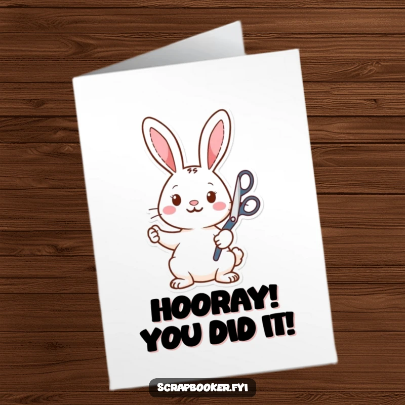Funny Free Printable Congrats Card: A cheerful rabbit enthusiastically snipping with large scissors, celebrating a special achievement with glee.