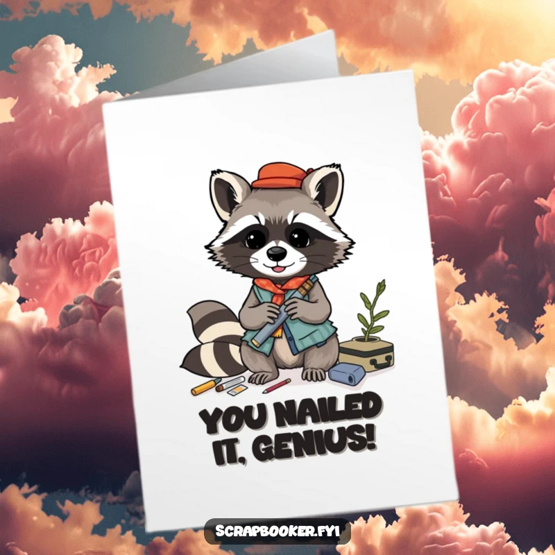 Funny Free Printable Congratulations Card: A playful raccoon expertly arranges collage materials, marking a milestone.