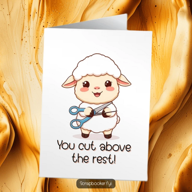 Funny Free Printable Congrats Card: A smiling sheep contentedly cuts a perfect curve with scissors, celebrating success precisely.