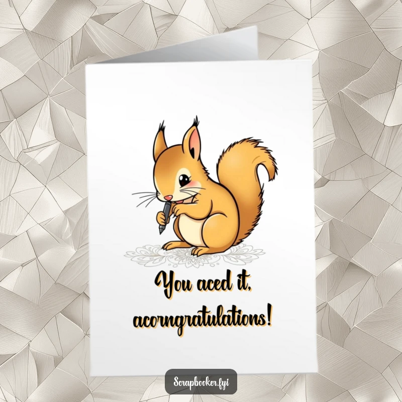 Funny Free Printable Congrats Card: Focused squirrel artist creating detailed patterns with a pen, celebrating success with artistic flair.