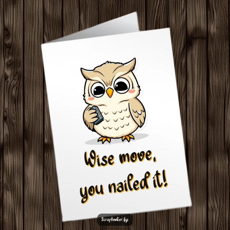 Funny Free Printable Congrats Card: Wise owl precisely and happily punching holes, celebrating important milestones with accuracy.