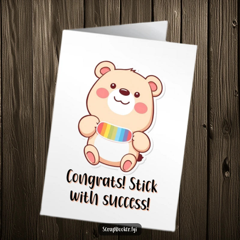 Funny Free Printable Congratulations Card: A happy bear delightedly placing a colorful sticker onto a page.