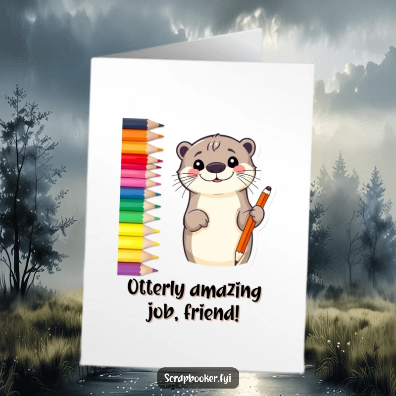 Cute free printable congratulations card: A smiling otter sketching a vibrant border with a colored pencil for a unique greeting.