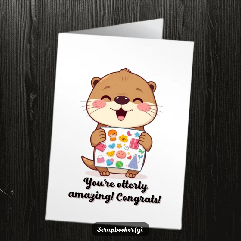 Funny free printable congratulations card featuring a cheerful otter holding a sticker sheet with gleeful anticipation.