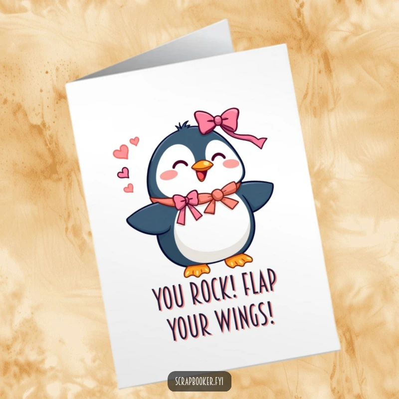 Funny Free Printable Congratulations Card: Beaming penguin adding ribbons and bows, a festive celebration.