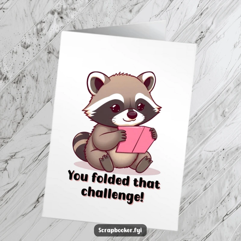Funny Free Printable Congratulations Card: A content raccoon carefully folds a vibrant piece of paper, symbolizing thoughtful accomplishment.