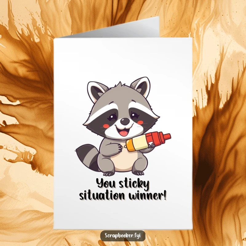 Free Printable congratulations card: a mischievous raccoon grins widely while using a glue stick, celebrating success with playful mischief.