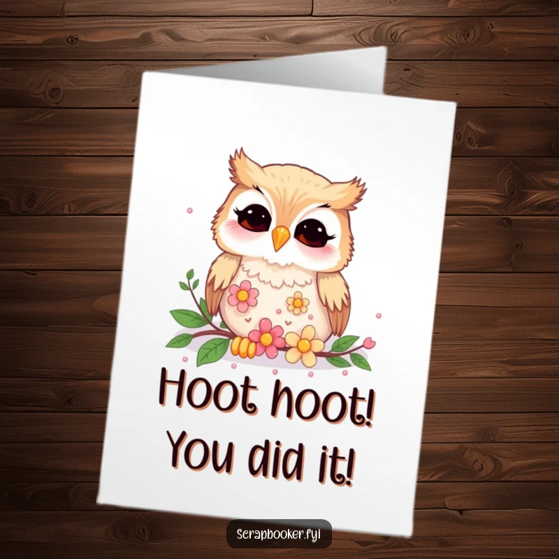 Funny Free Printable Congratulations Card: A giggling owl is busy arranging vibrant flower sequins with a joyful expression.