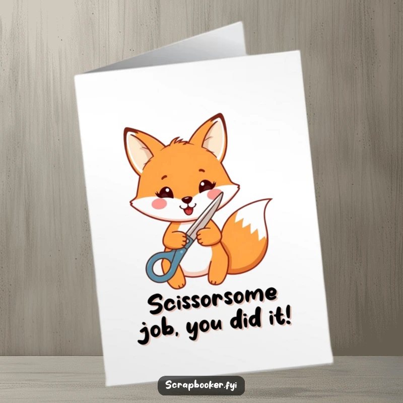 Funny Free Printable Congratulations Card: Cheerful fox using decorative scissors to cut a shape, celebrating achievements with humor. Downloadable card.