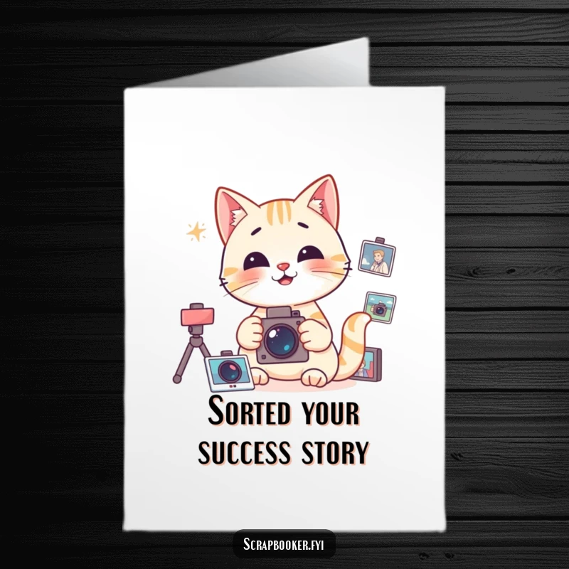 Funny Free Printable Congrats Card: Happy cat focused on organizing photos, celebrating success. Downloadable art.