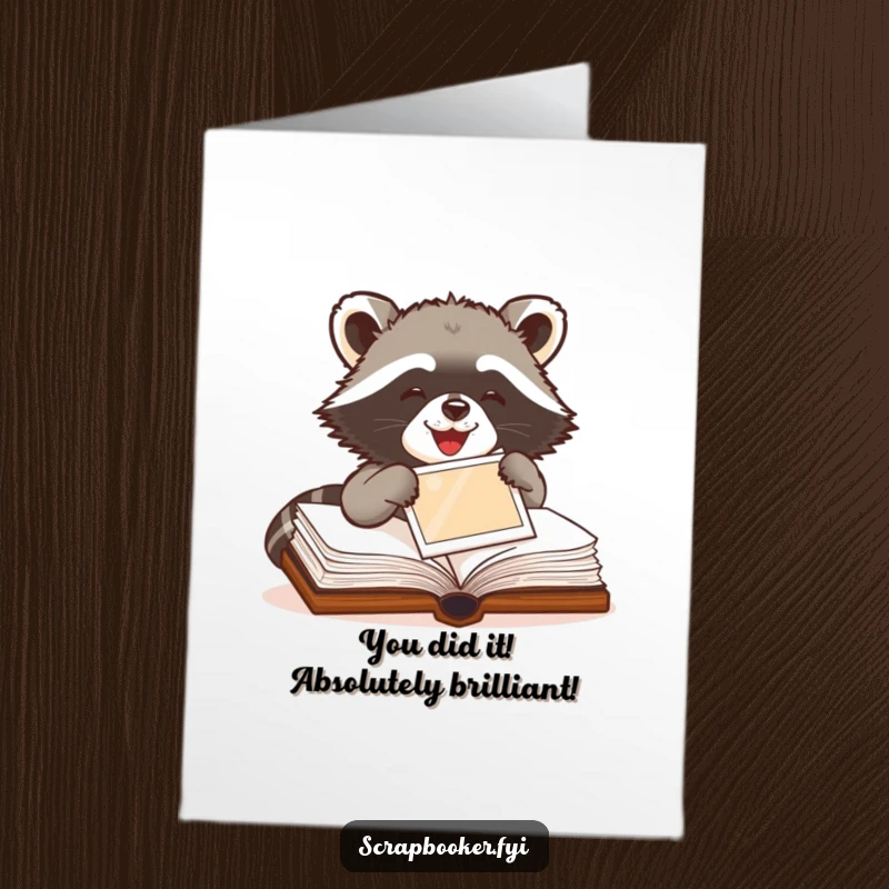 Funny Free Printable Congrats Card: Delighted raccoon carefully pastes a photo into a scrapbook, celebrating an achievement.