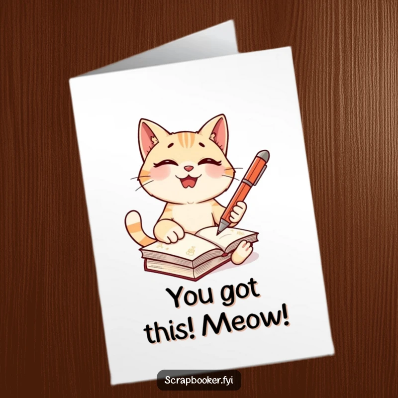 Funny Free Printable Congratulations Card: Giggling cat holding a pen, ready to journal achievements, spreading joy.