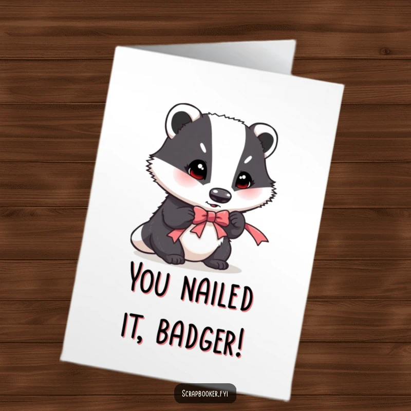 Funny Free Printable Congrats Card: A determined badger crafts a ribbon accent, symbolizing focused achievement, perfect for DIY gifting.