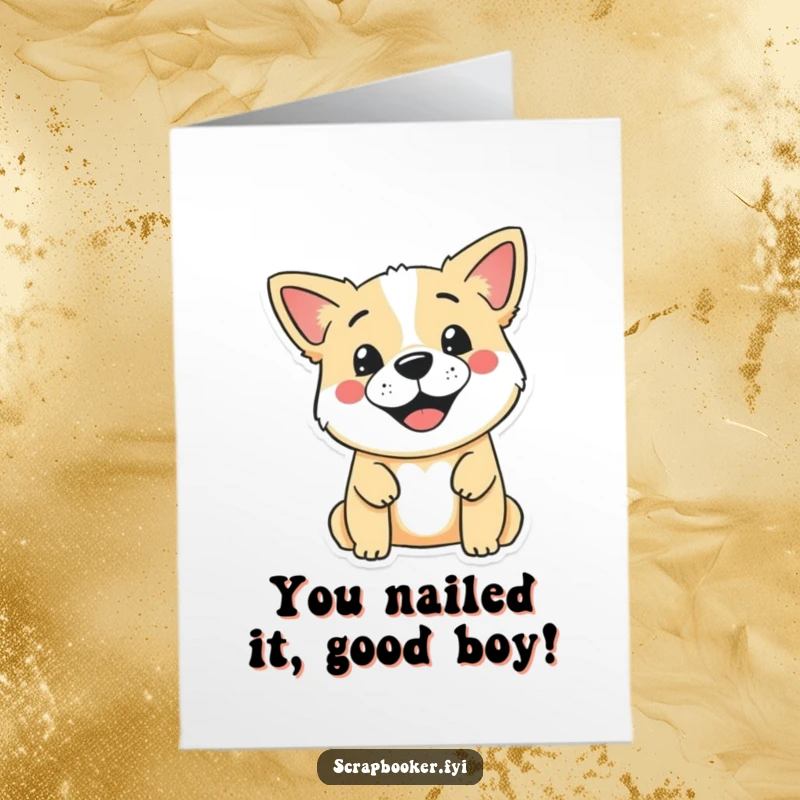 Funny Free Printable Congratulations Card: A happy dog stamping a charming design onto a page, signifying a successful event.