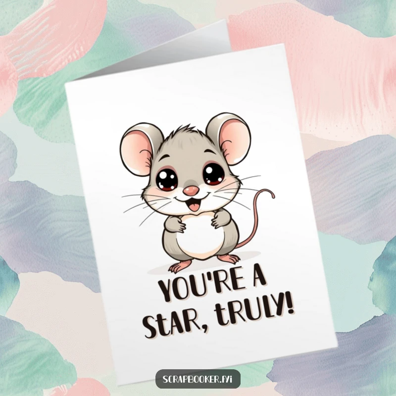 Funny Free Printable Congratulations Card: A cheerful mouse attaches googly eyes to a quirky drawing, celebrating wins.