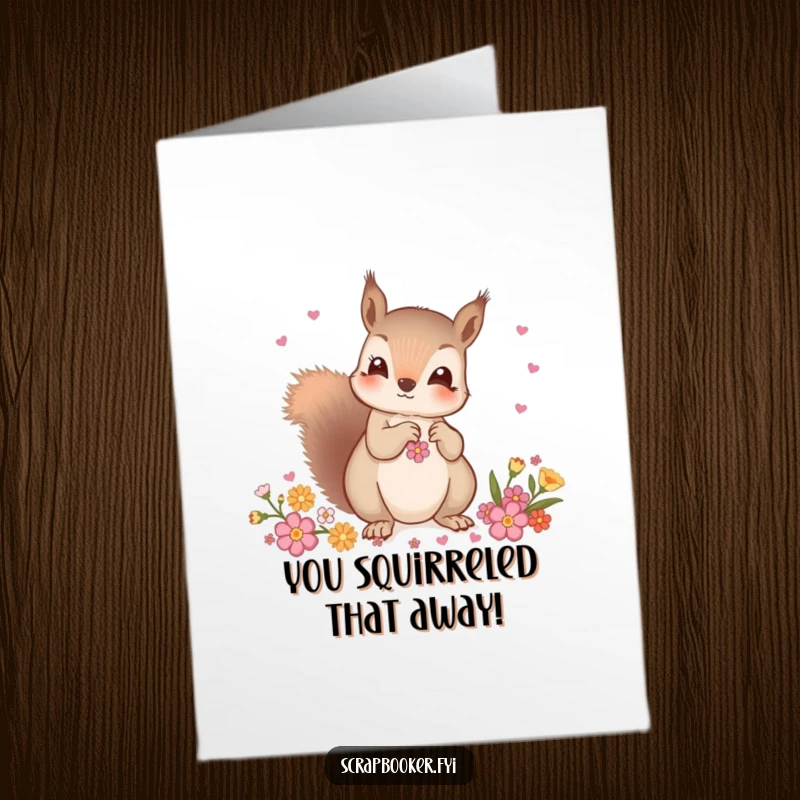 Funny Free Printable Congratulations card with a curious squirrel carefully choosing decorative embellishments, highlighting success.