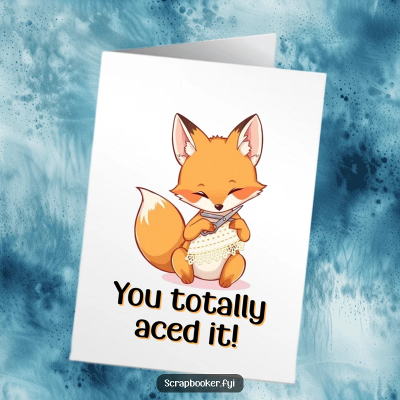 Funny Free Printable Congratulations Card: A focused fox meticulously snips lace, symbolizing precise celebration and chic congratulations.