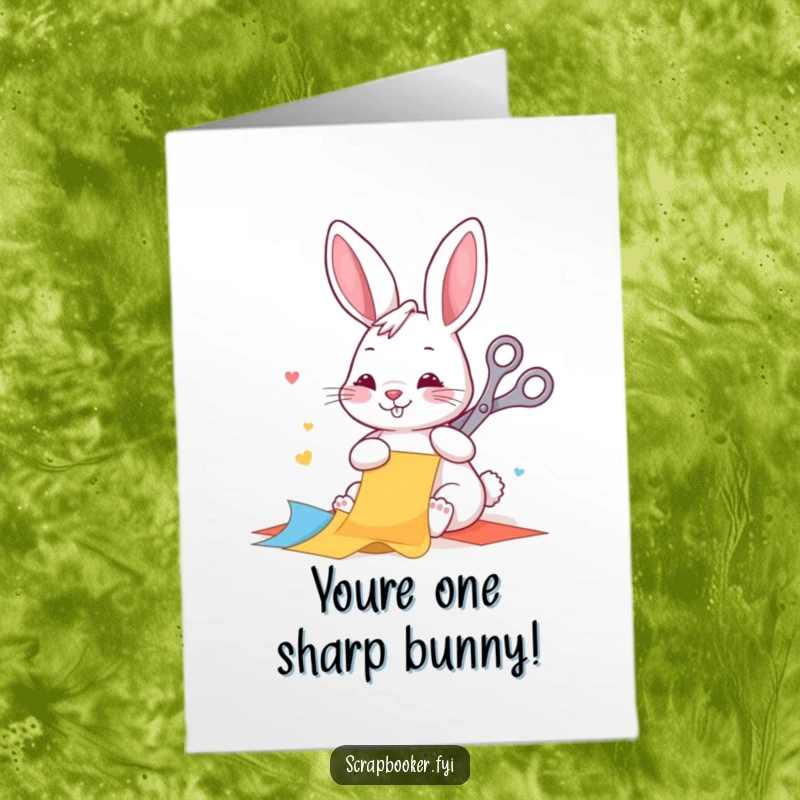 Funny Free Printable Congratulations card showing a happy rabbit engrossed in cutting colorful paper, celebrating a win.