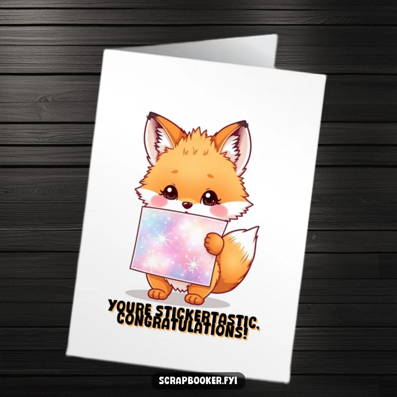 Cute Free Printable Fox Cub Congrats Card: Fluffy cub with a giant sparkly sticker sheet, celebrating achievements with joy.