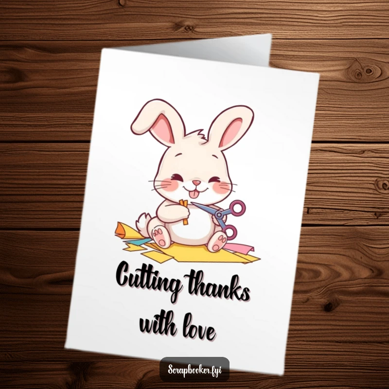 Funny Free Printable Thank You Card: Cheerful bunny creating art with tiny scissors. Downloadable gift.