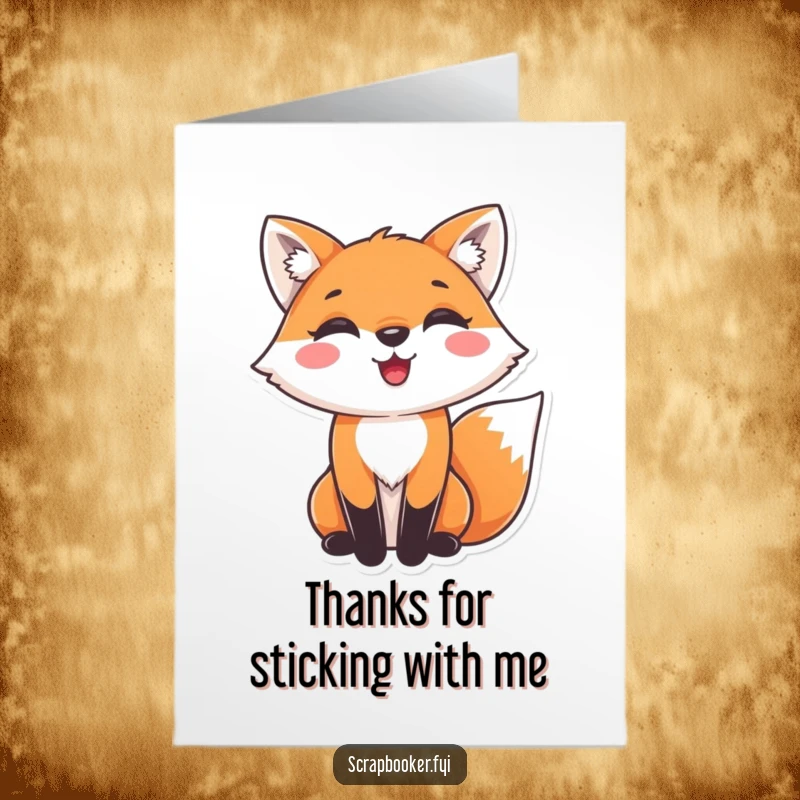 Funny free printable thank you card of a fox with a delighted expression gluing decorative paper, a creative expression of thanks.