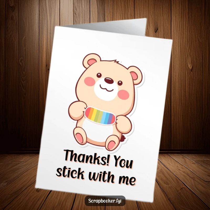 Funny Free Printable Thank You Card: A happy bear adding a vibrant sticker to a page with evident delight.