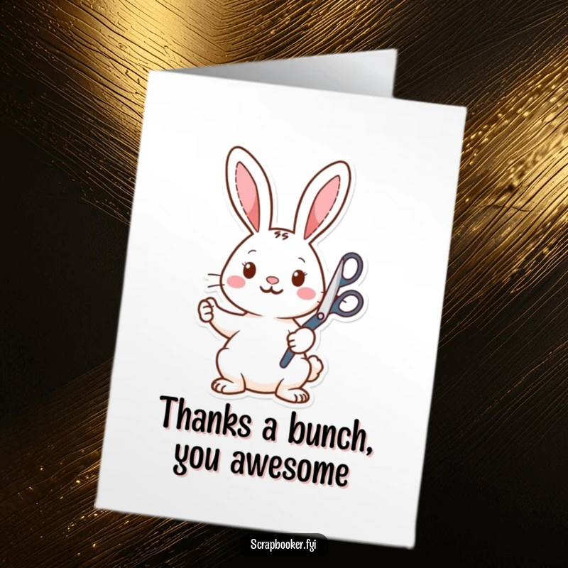 Funny Free Printable Thank You Card: A rabbit with wild enthusiasm uses scissors to create a heartfelt thank you message, ready to gift.