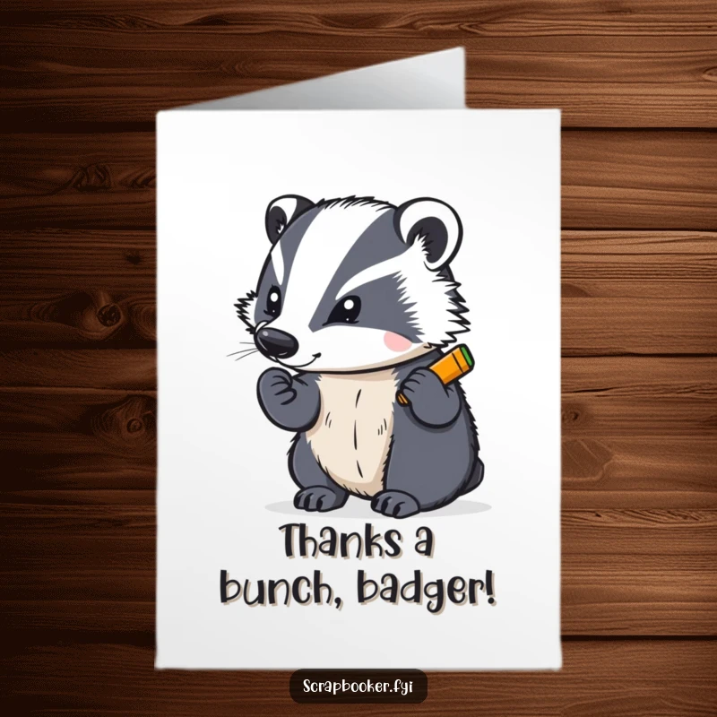 Funny Free Printable Thank You card with a determined badger writing with a bright crayon, conveying sincere appreciation.