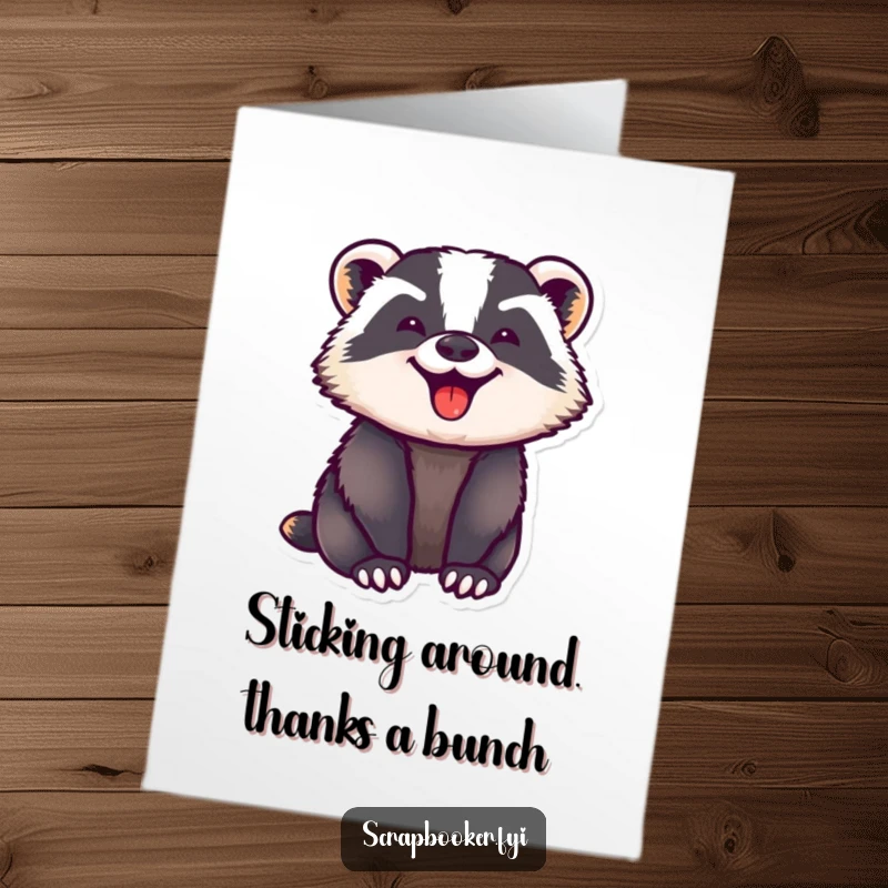 Funny Free Printable Thank You Card: A badger with a look of pure, focused joy applying a sticker.