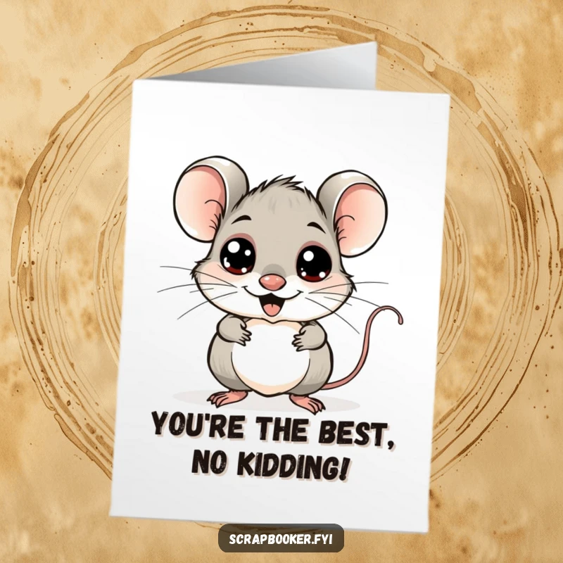 Funny Free Printable Thank You Card featuring a cheerful mouse sticking googly eyes onto a whimsical drawing, sending thanks.