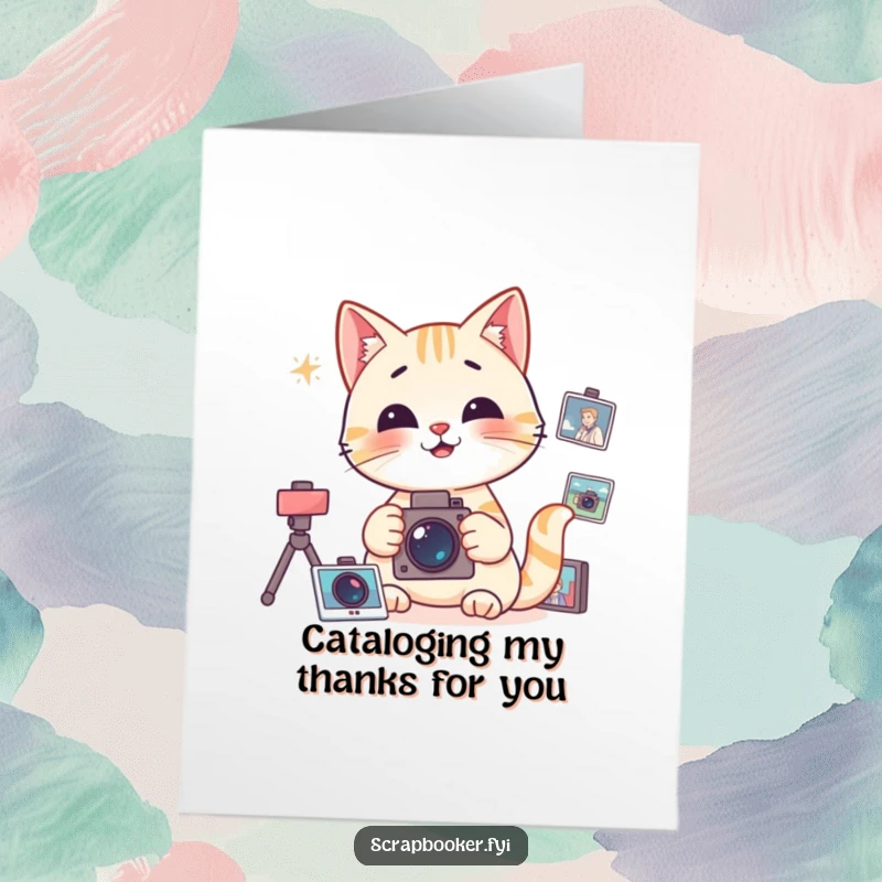 Funny Free Printable Thank You Card: Happy cat focused on organizing photographs, expressing thanks. Downloadable gift.