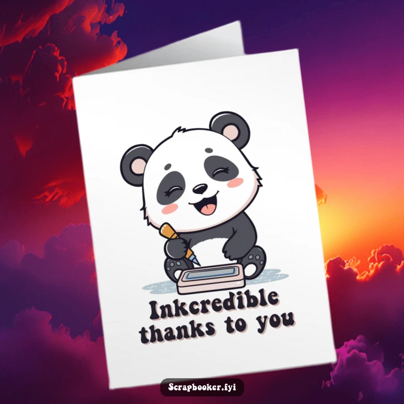 Funny Free Printable thank you card: a giggling panda stamps a pattern with a small ink pad, conveying thanks with cheerful humor.