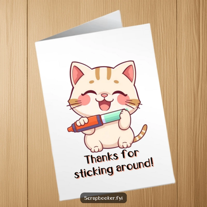 Funny Free Printable Thank You Card: A smiling cat happily uses a glue stick, spreading thanks with its crafty and cheerful demeanor.
