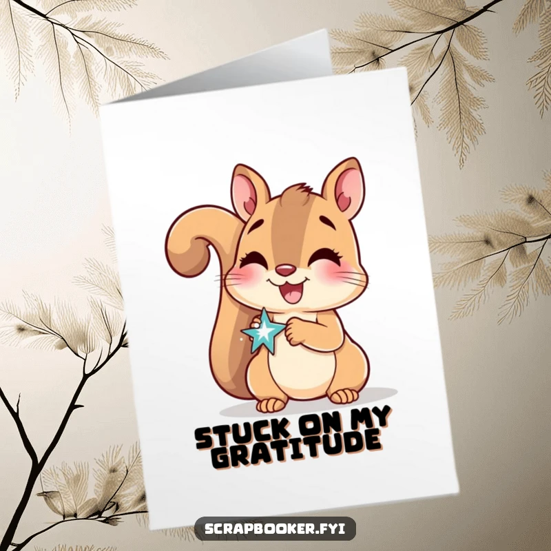 Funny Free Printable Thank You Card: Delighted squirrel gluing a sparkly sticker, expressing thanks. Downloadable gift.
