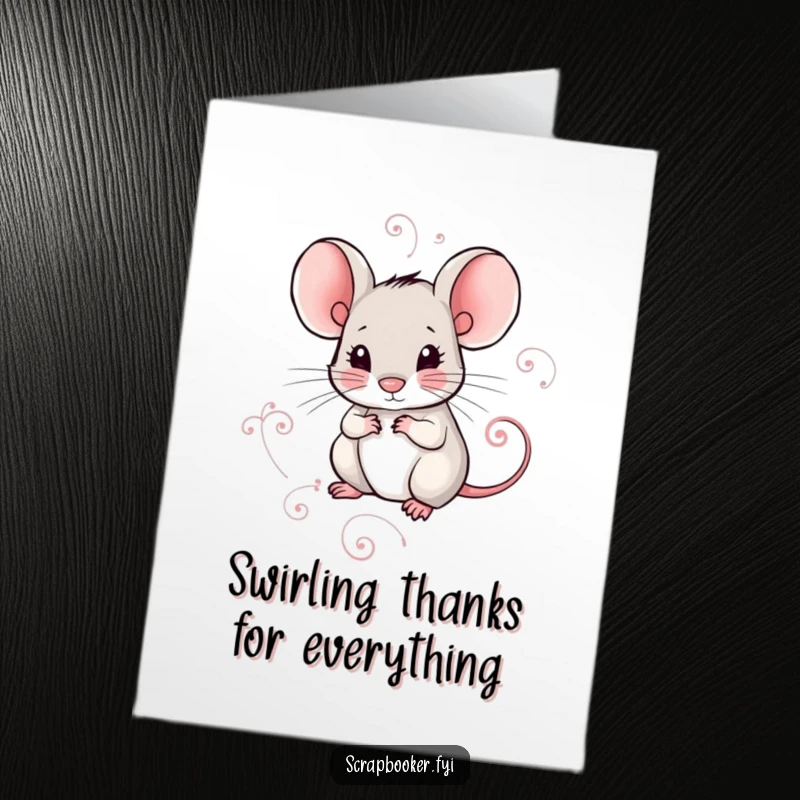 Funny Free Printable Thank You Card: A mouse with great concentration drawing a fancy decorative swirl.