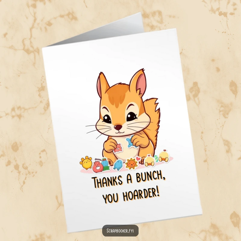 Funny Free Printable Thank You Card: Focused squirrel diligently placing stickers, a DIY gesture of gratitude and crafting dedication.