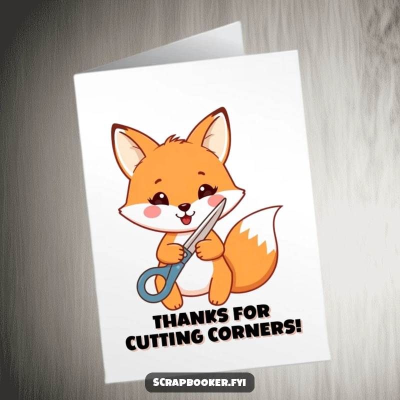 Funny Free Printable Thank You Card: Cheerful fox cutting a shape with decorative scissors, showing appreciation with a crafty twist. Downloadable.