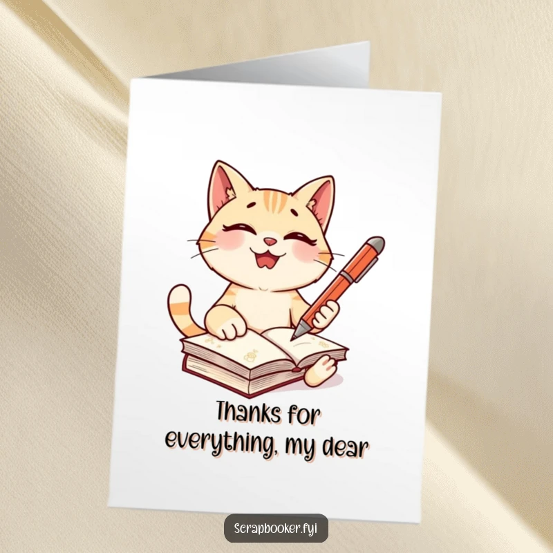 Funny Free Printable Thank You Card: Giggling cat with a pen, ready to write in a journal, a sweet thank you.