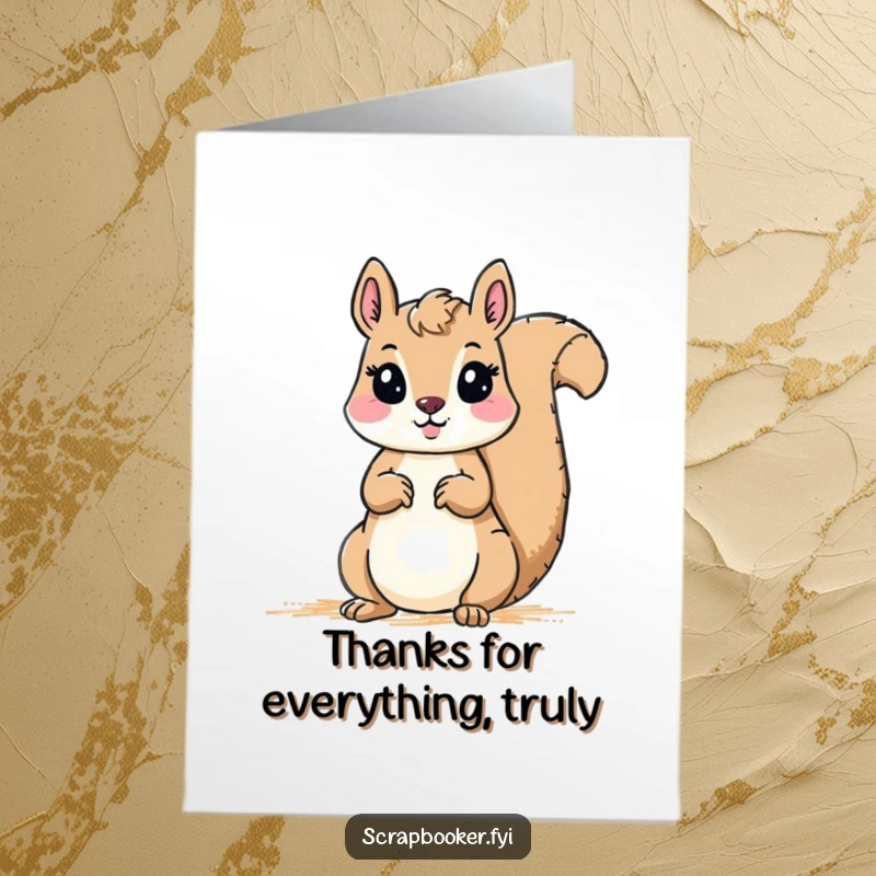 Funny Free Printable Thank You Card: A squirrel focused on drawing a beautiful, colorful border with a bright crayon, showing heartfelt thanks.