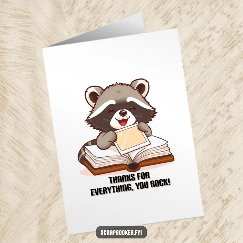 Funny Free Printable Thank You Card: Delighted raccoon carefully pastes a photo into a scrapbook, expressing thanks.