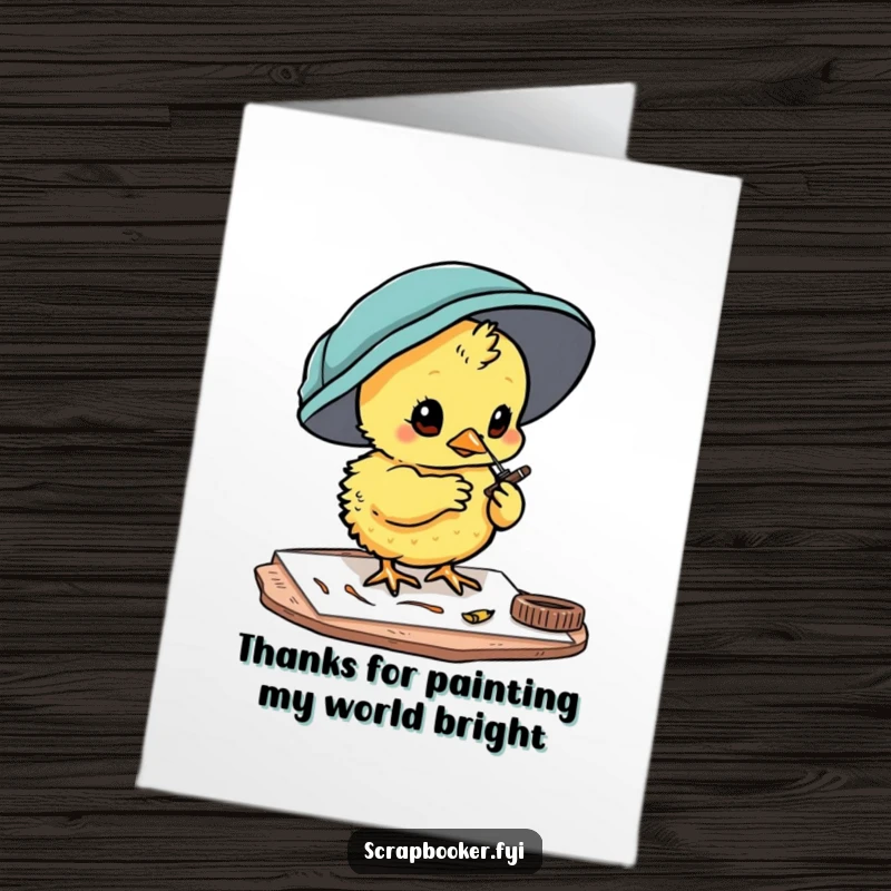 Funny Free Printable Thank You Card: Curious chick painting small details onto a card, a detailed thank you.