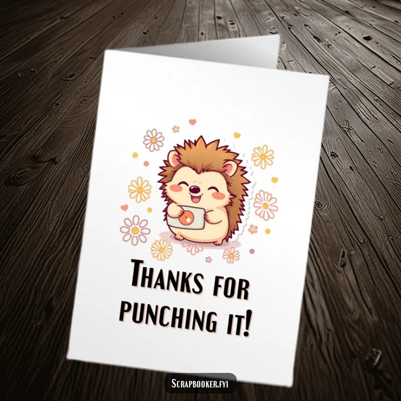 Funny Free Printable Thank You Card: A joyful hedgehog expertly using a hole punch to create decorative patterns, a DIY thank you.