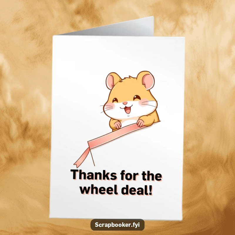 Funny Free Printable Thank You Card: A happy hamster carefully taping a decorative ribbon, a DIY gesture of thanks.