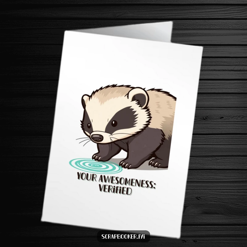 Funny Free Printable Thank You Card: Determined badger presses a rubber stamp with thanks. Downloadable gift.