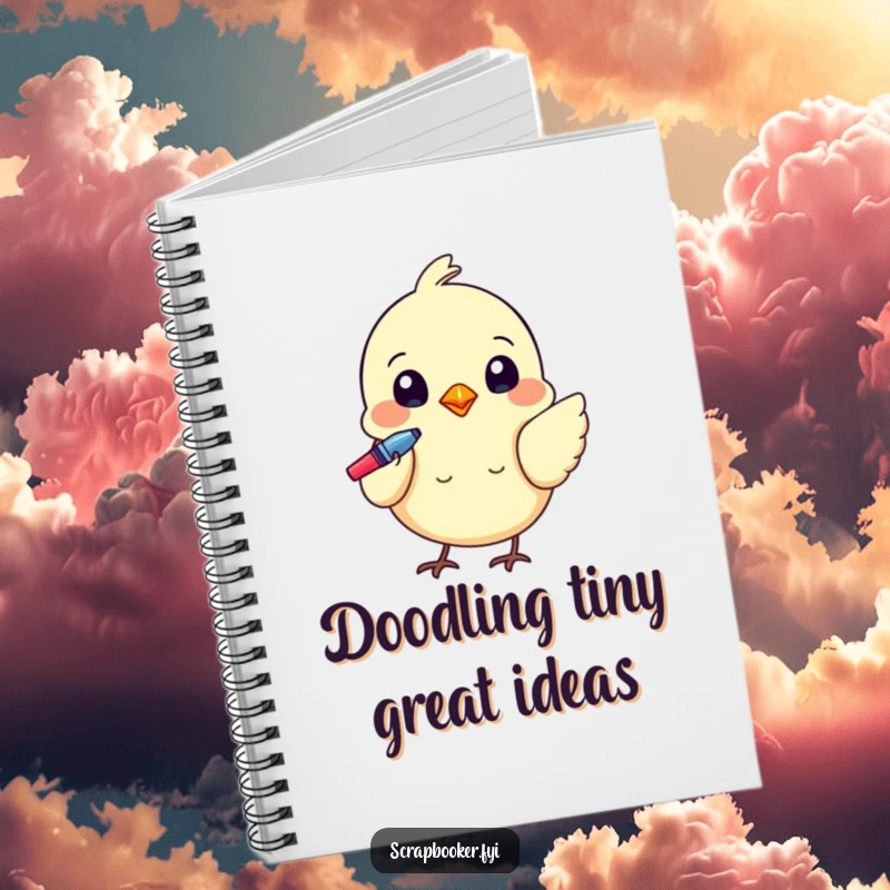 Funny notebook with a tiny bird using a colorful pen to add artistic details, perfect for journaling.