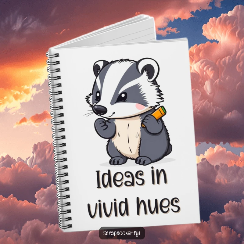 Funny notebook with a determined badger writing with a bright crayon, perfect for capturing artistic ideas and sketches.